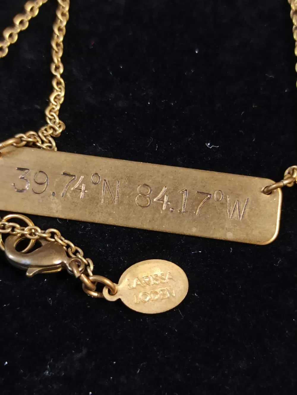 LARISSA LODEN gold tone coordinate bar necklace 39.74N 84.17W minimalist engrave